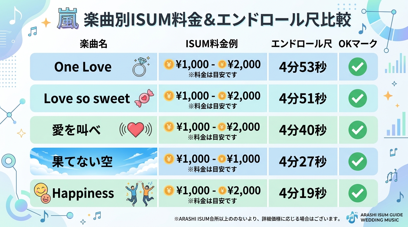 嵐 結婚式エンドロールおすすめ人気曲・尺・ISUM料金比較表