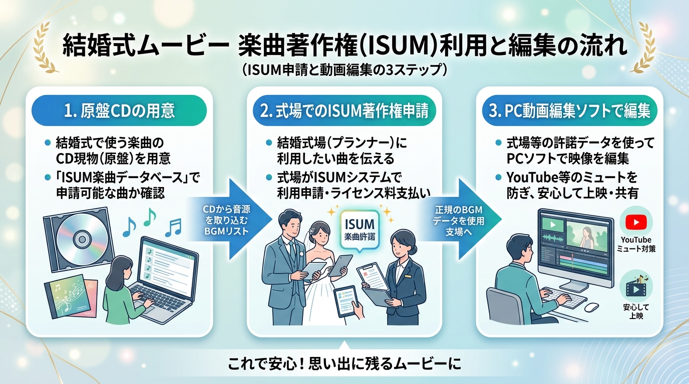 結婚式エンドロール音楽著作権ISUM申請とPC編集ソフトのトラブル回避フロー