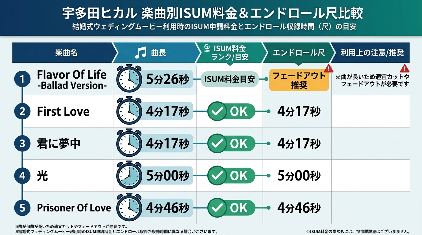 宇多田ヒカル 結婚式エンドロールおすすめ人気曲・尺・ISUM料金比較表