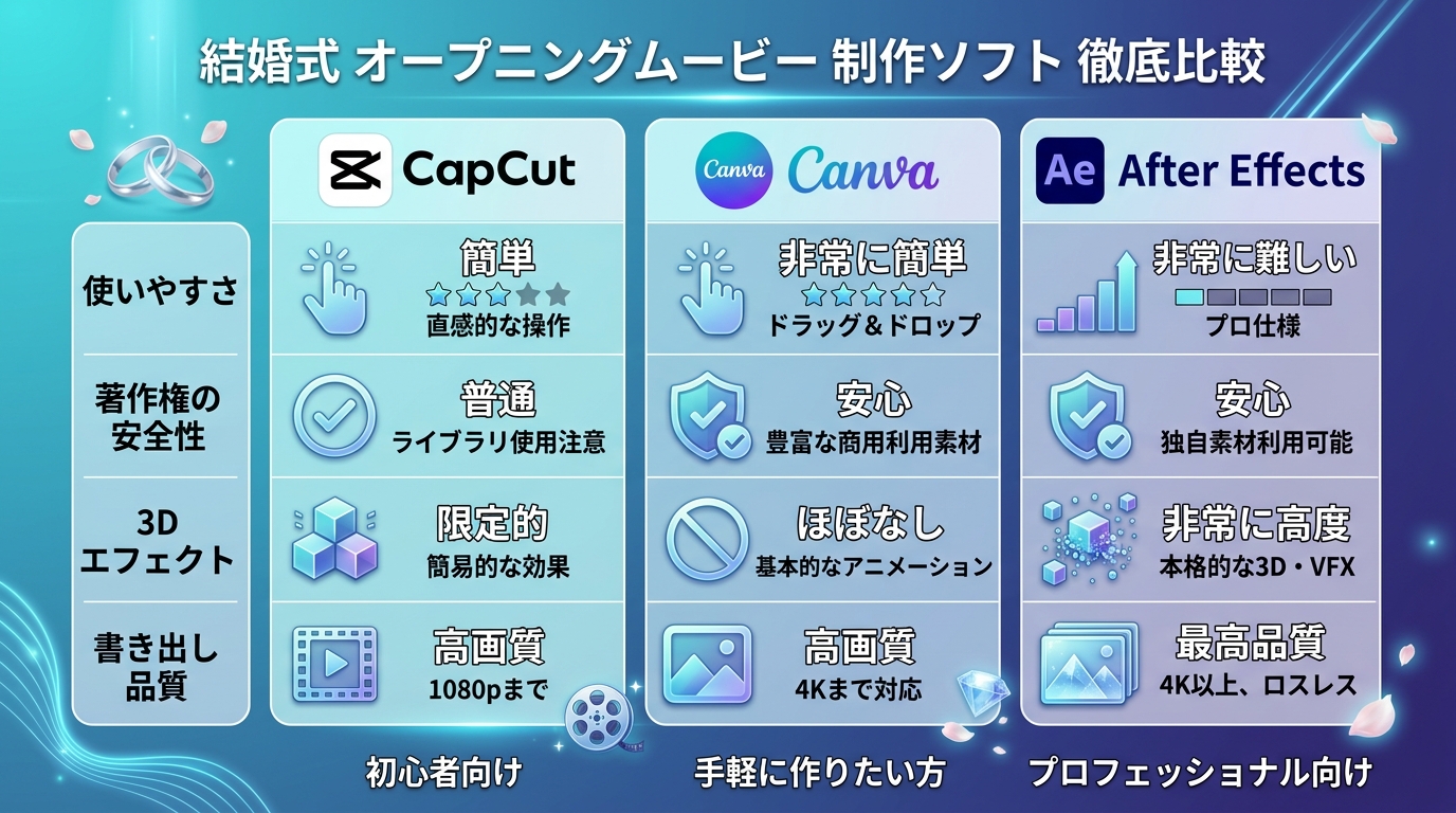 CapCut vs Canva vs After Effects 結婚式ムービー自作ソフト機能比較表