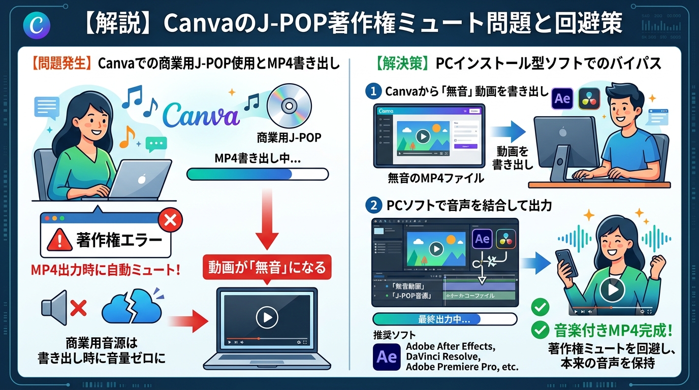 Canvaの著作権自動音声消去トラップと回避策図解