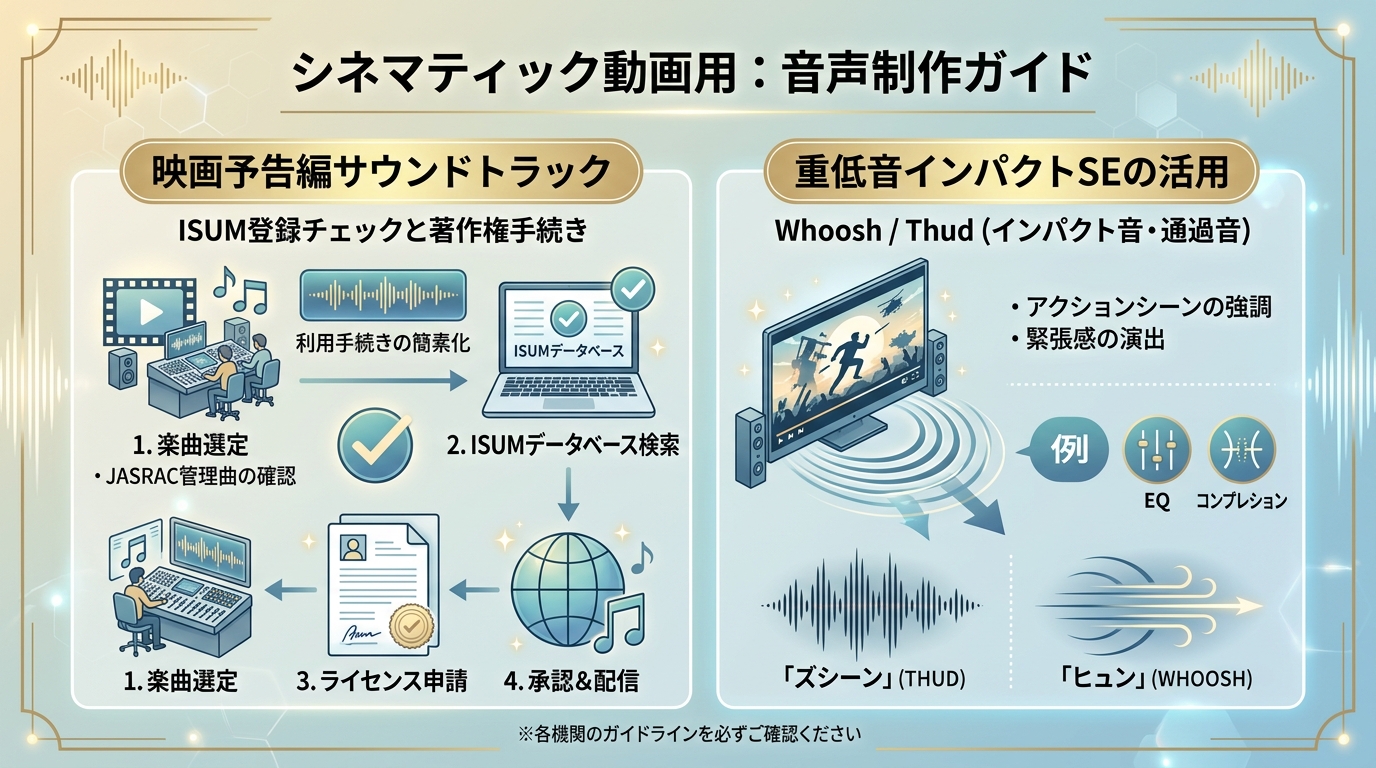 映画トレーラーBGMのISUM著作権申請と重低音効果音(SE)利用ルール図解