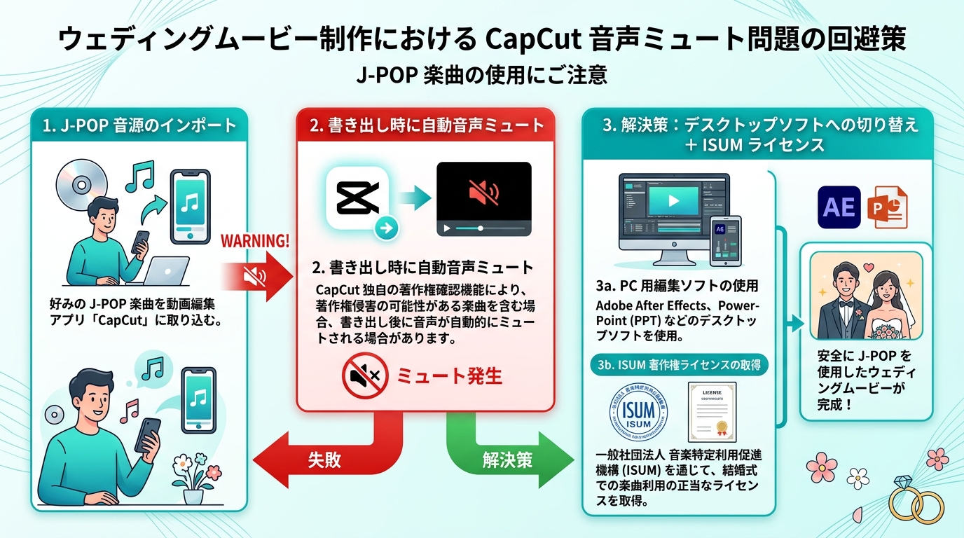 CapCut自動著作権検知ミュートの仕組みとPCソフト移行解決フロー図解