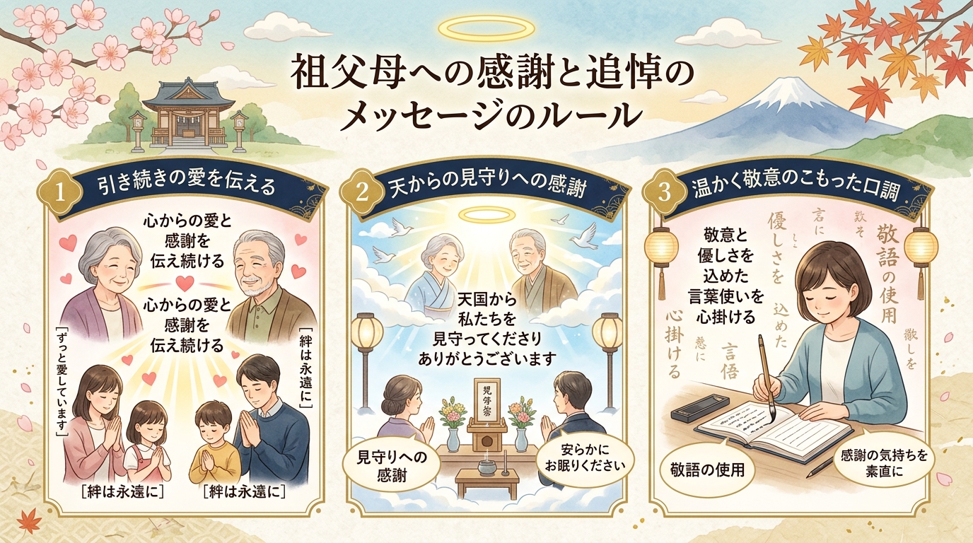 他界された祖父母への温かい天国メッセージ演出とマナー図解