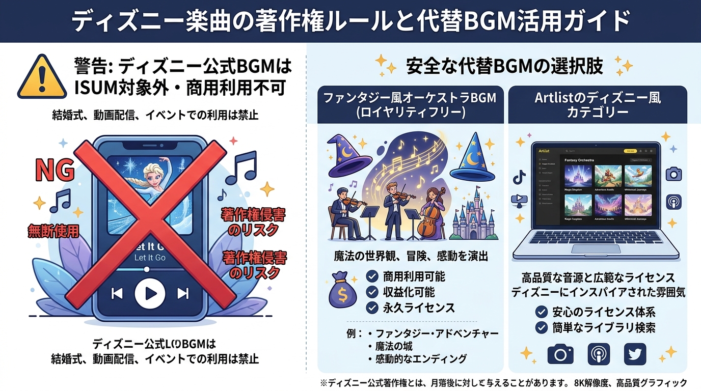 ディズニーBGM著作権ルールと代替オーケストラフリー音源ガイド図解