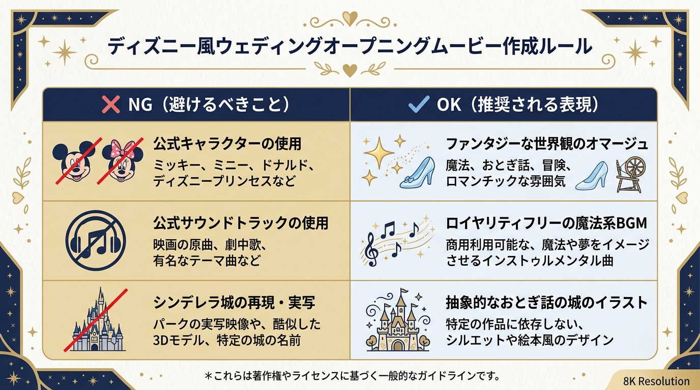 ディズニー風オープニングムービーのNG要素とOK要素対比図解