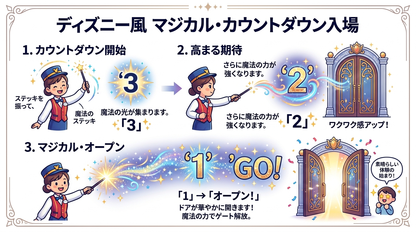 ディズニー風オープニングの魔法カウントダウンと入場扉開放構成図解