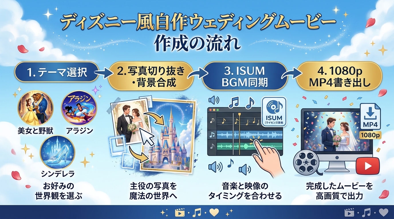 ディズニー風結婚式オープニングムービーの自作4ステップ編集手順図解