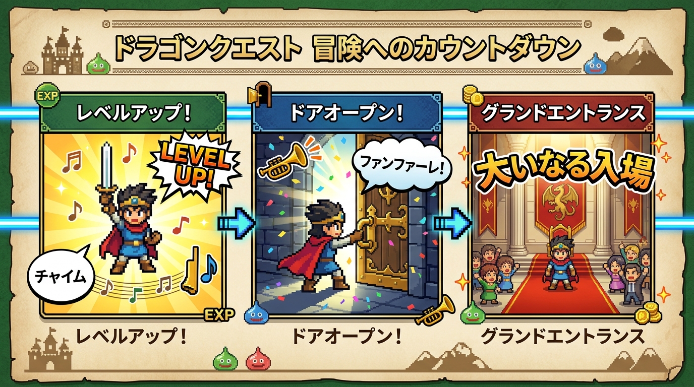 ドラクエ風「しんろう しんぷが あらわれた!」入場扉開放カウントダウン図解