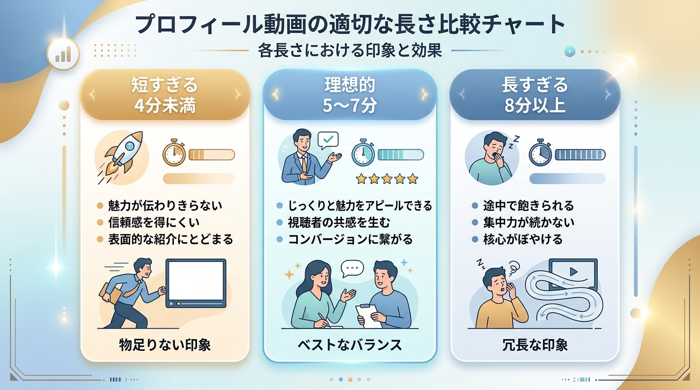 プロフィールムービー上映時間の比較ガイド(4分未満/5〜7分/8分以上)図解
