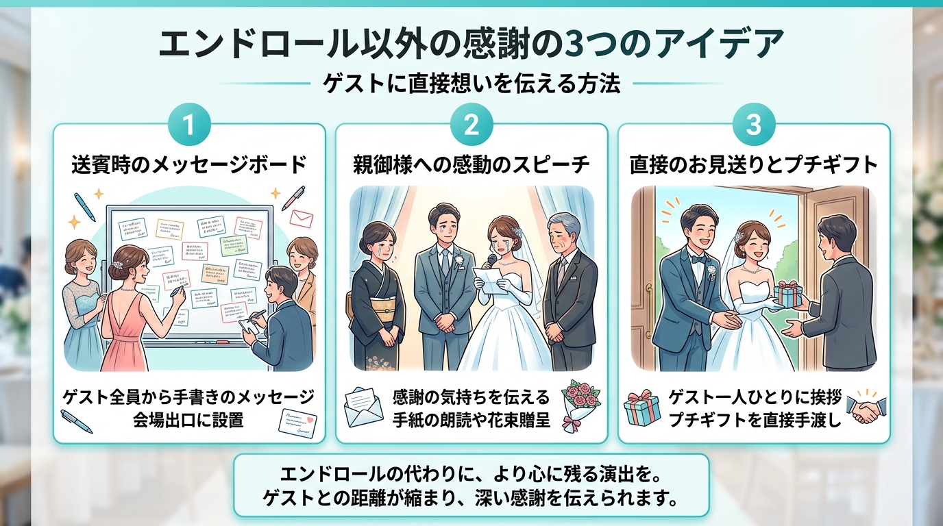 エンドロールに代わる3つのおすすめ感謝演出アイデア図解