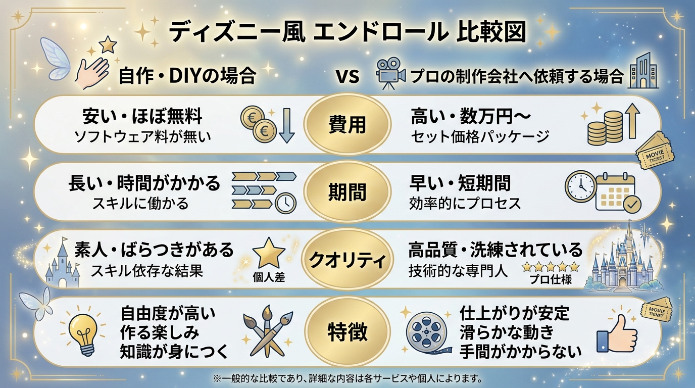 ディズニー風エンドロール自作DIYと専門業者外注の費用・クオリティ比較図解