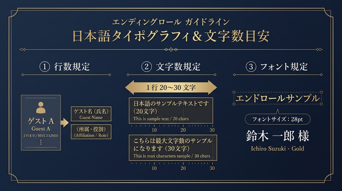 エンドロールスクロール字幕のフォントサイズ(28pt以上)と行間設定図解
