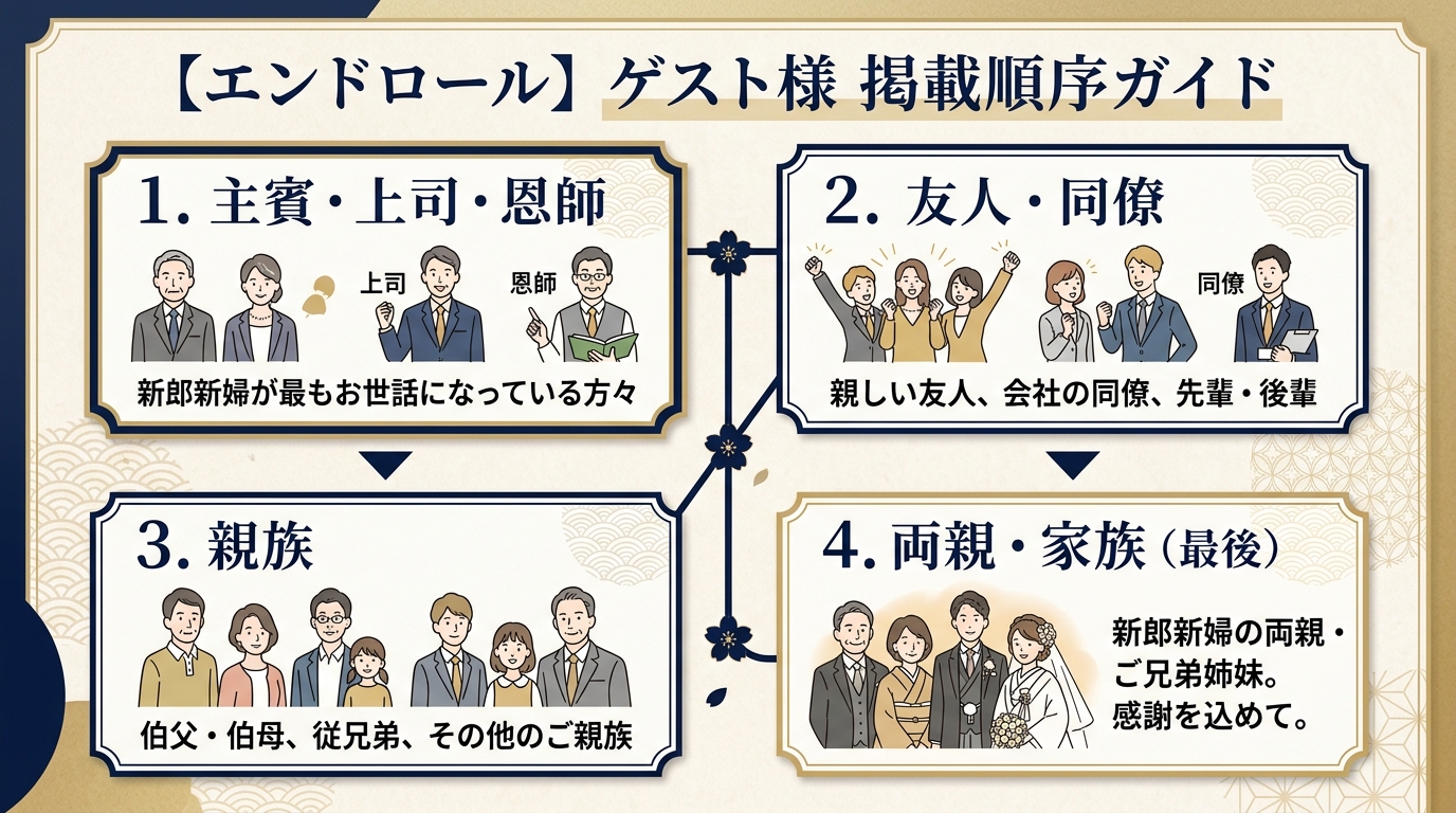 結婚式エンドロールのゲスト流れる順番と敬称ルール図解