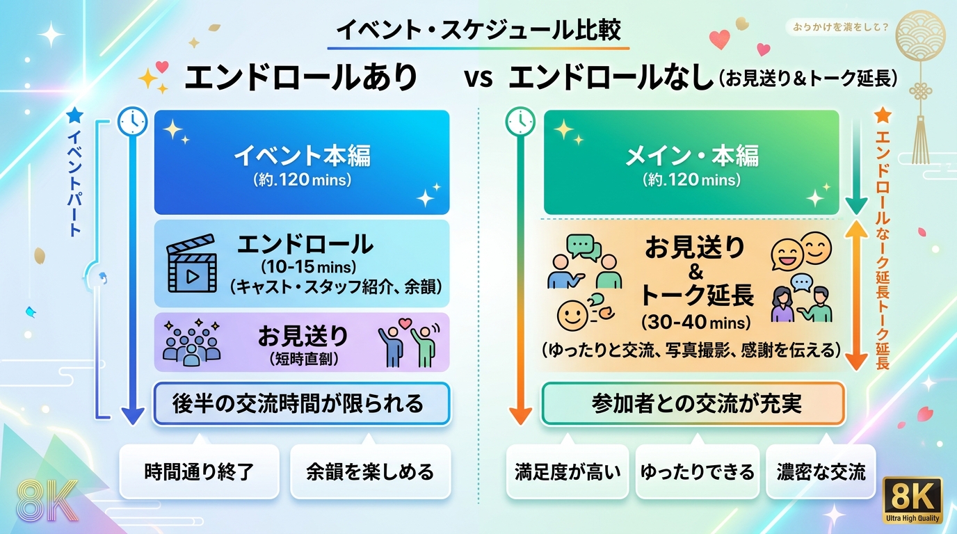 結婚式披露宴の進行スケジュール(エンドロールあり vs なし)比較図解