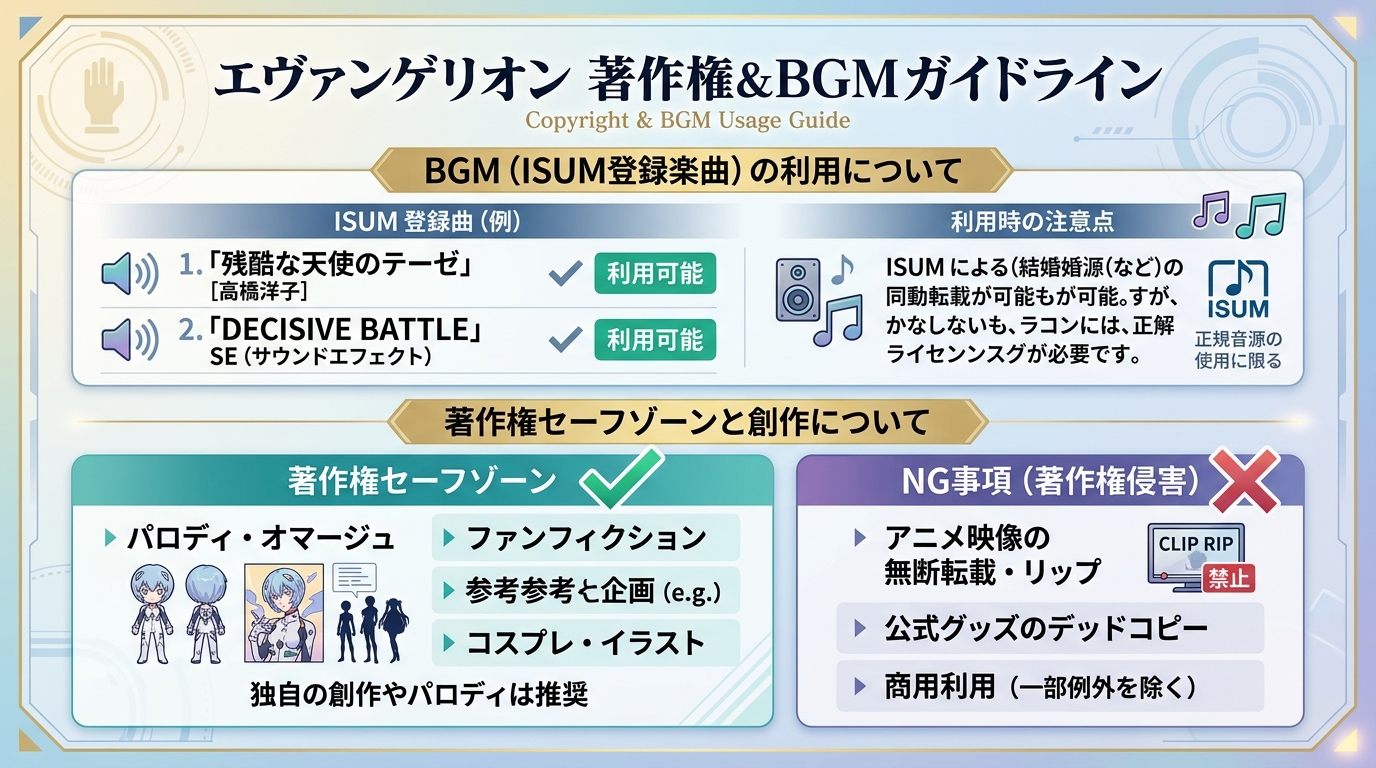 エヴァンゲリオン楽曲(残酷な天使のテーゼ等)のISUM著作権申請と安全利用ガイド図解