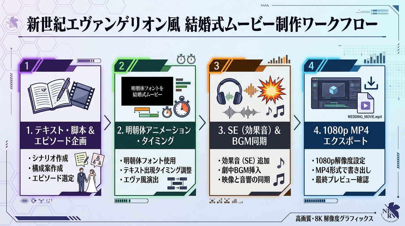エヴァンゲリオン風結婚式ムービー自作の4ステップ制作フロー図解