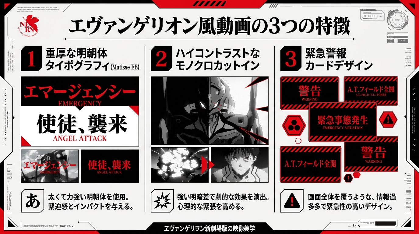 エヴァンゲリオン風オープニングムービーの3大デザイン特徴図解