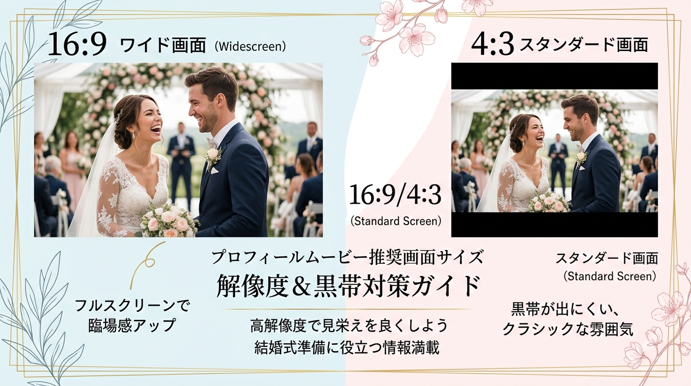 結婚式プロフィールムービー推奨画面サイズ(16:9 / 4:3)と解像度完全ガイド|縦写真の黒帯対策と高画質書き出し