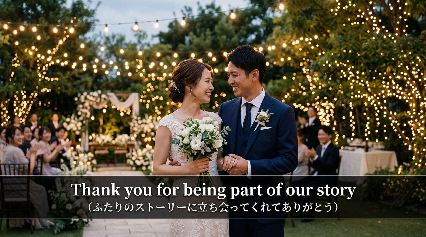 英語日本語字幕ラストフレーズプロフィールムービー画面一コマ実例(写真と字幕テロップ配置)