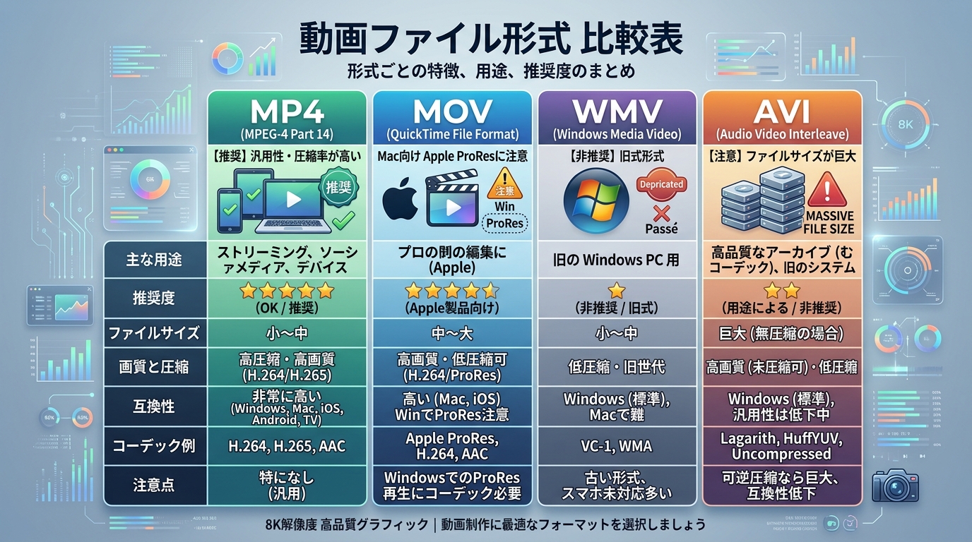 動画ファイル形式（MP4/MOV/WMV/AVI/H.265）の式場上映リスク比較マトリクス図解