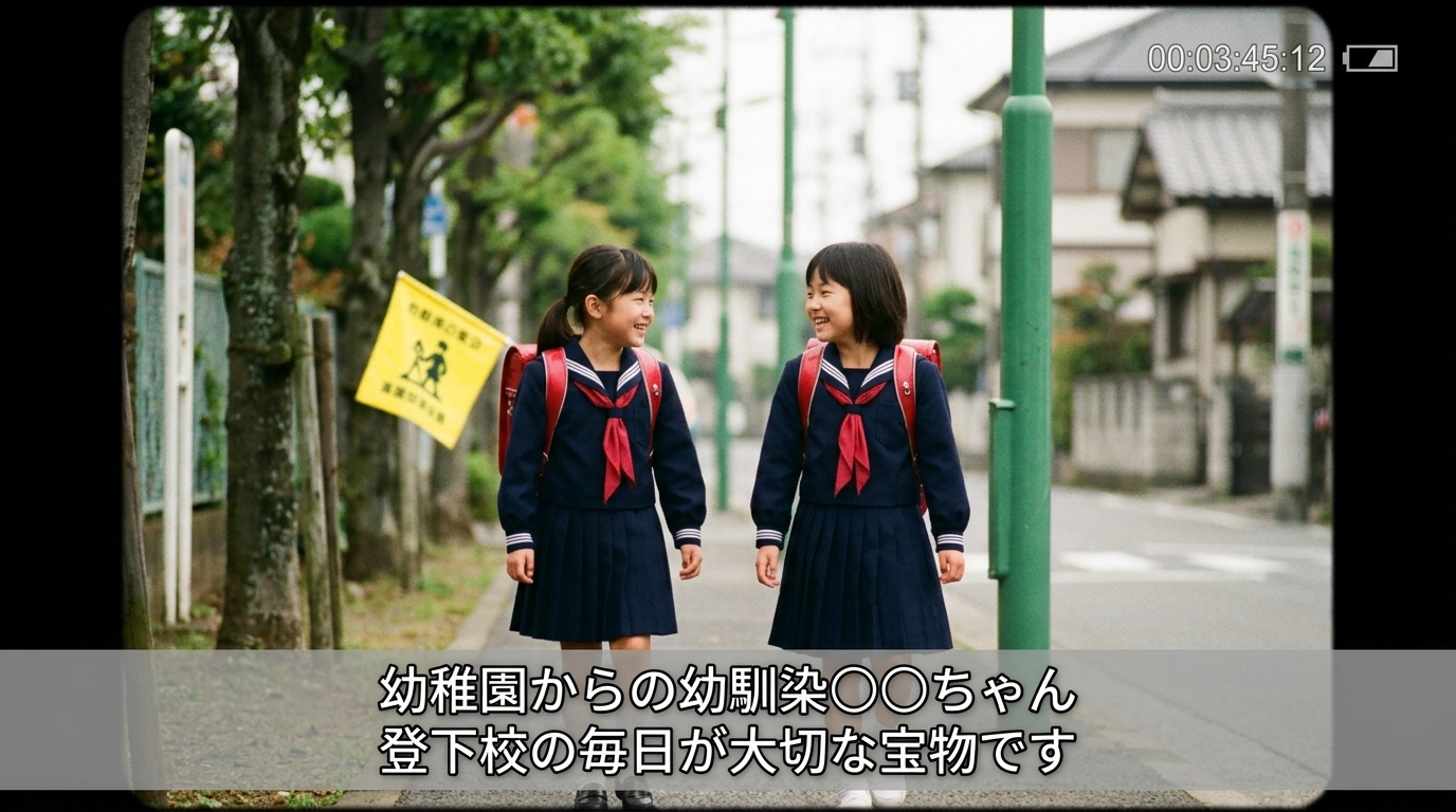 幼馴染友人メッセージプロフィールムービー画面一コマ実例(写真と字幕テロップ配置)