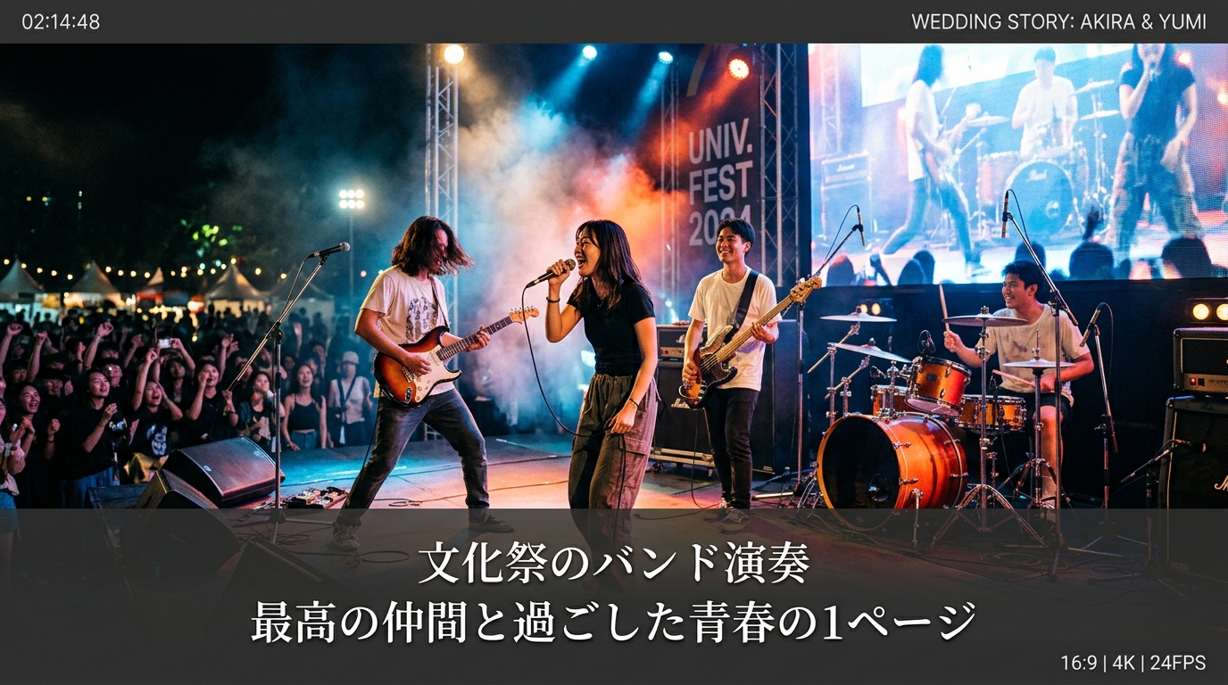 大学ゼミ友人メッセージプロフィールムービー画面一コマ実例(写真と字幕テロップ配置)