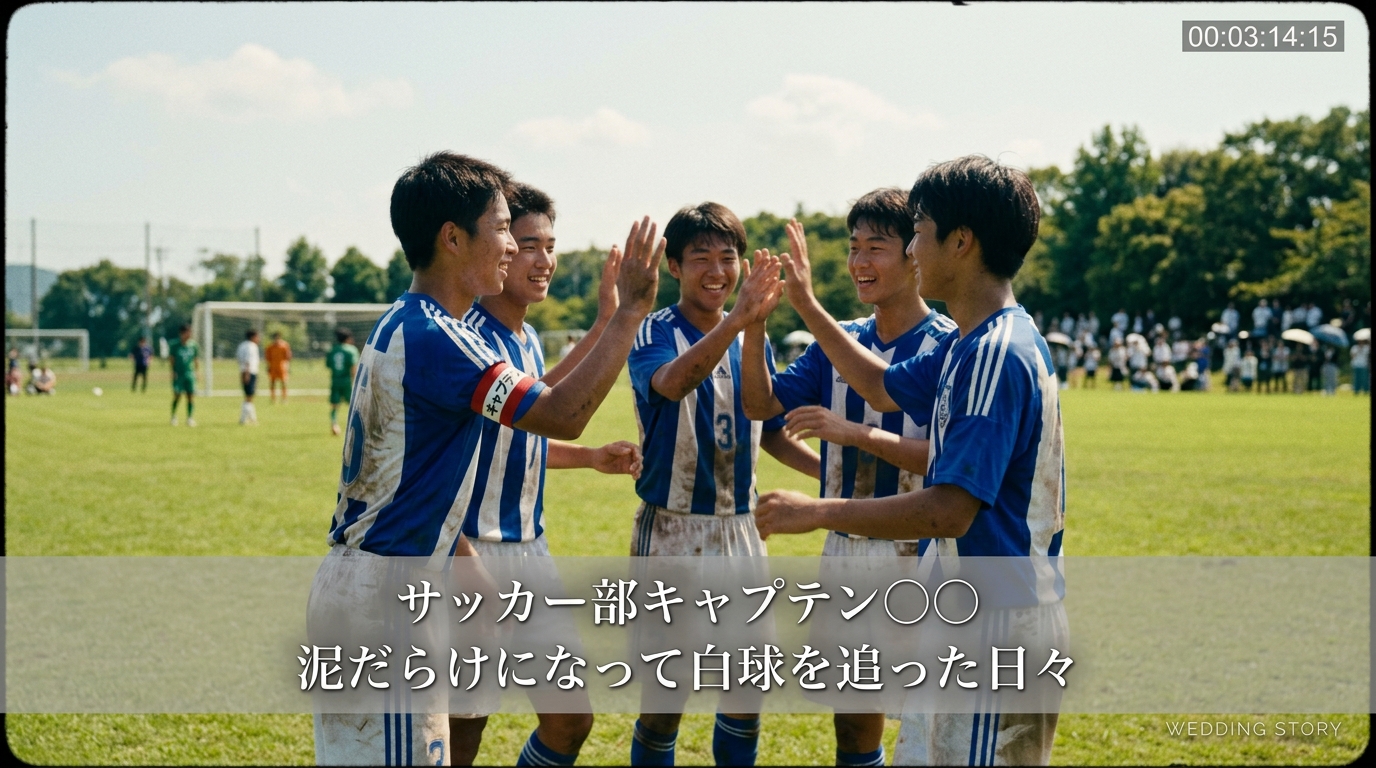 部活仲間友人メッセージプロフィールムービー画面一コマ実例(写真と字幕テロップ配置)