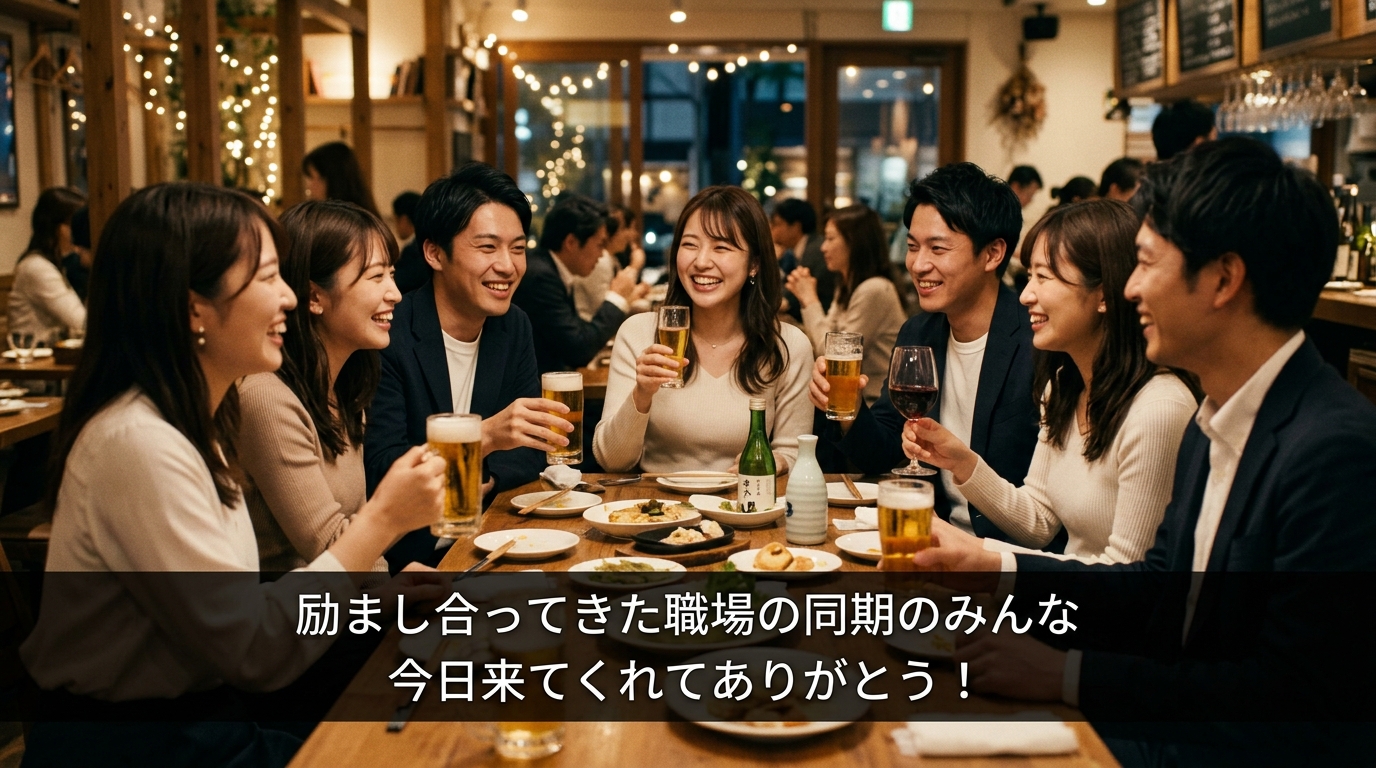 職場同僚友人メッセージプロフィールムービー画面一コマ実例(写真と字幕テロップ配置)