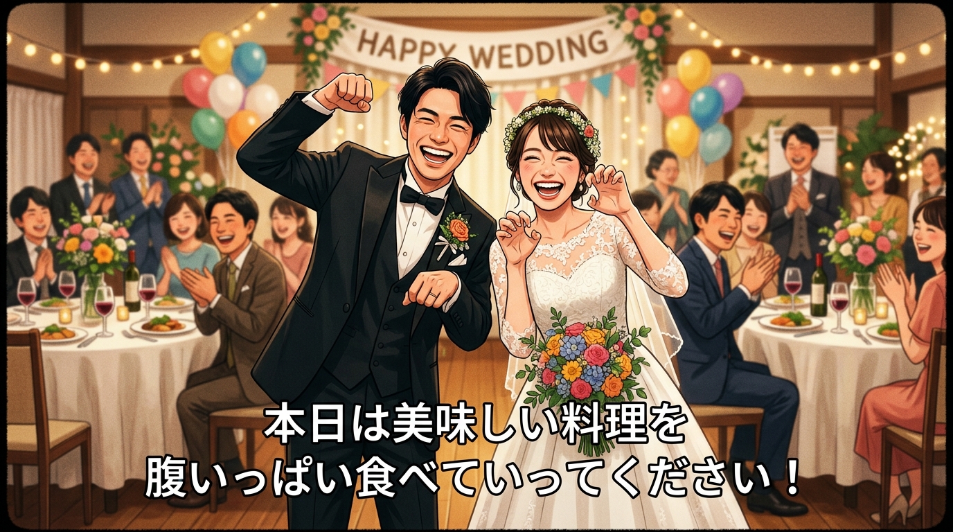 面白いコメントが添えられた結婚式オープニングムービーの上映画面スチル