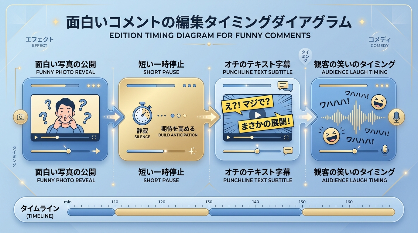 面白い写真とオチテロップの表示タイミング・間の取り方編集図解
