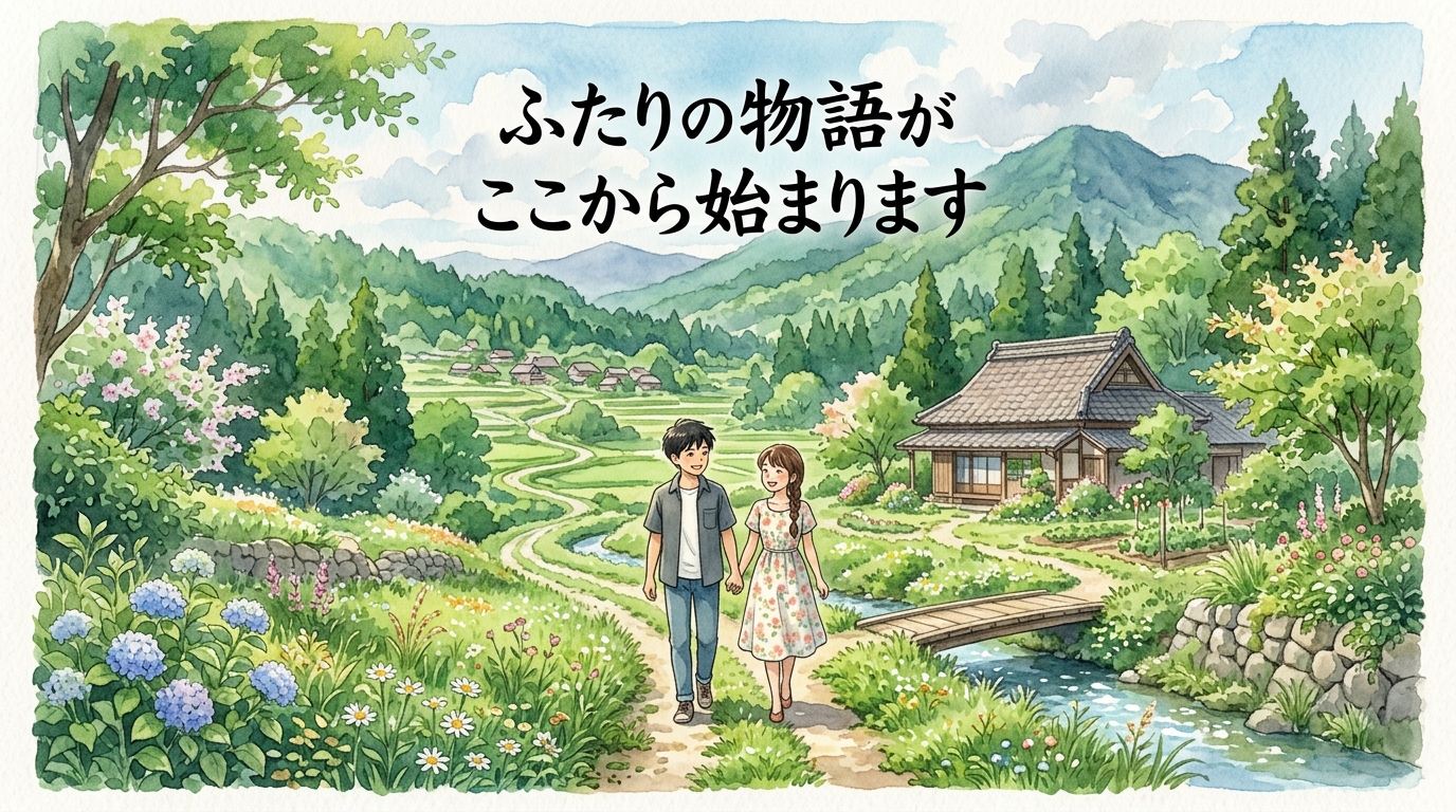 ジブリ風絵本表現の結婚式オープニングムービー上映画面スチル