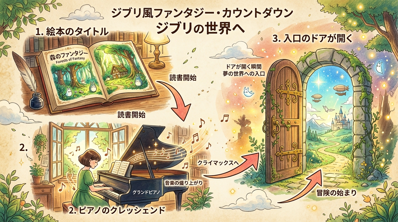 ジブリ風幻想的な「3・2・1」入場カウントダウン構成案図解