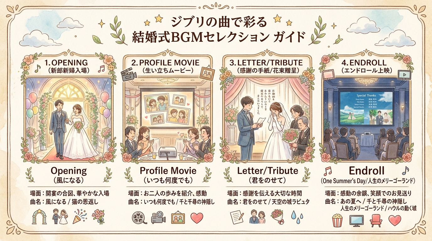 結婚式オープニング・プロフィール・手紙・エンドロール別ジブリ選曲マップ図解