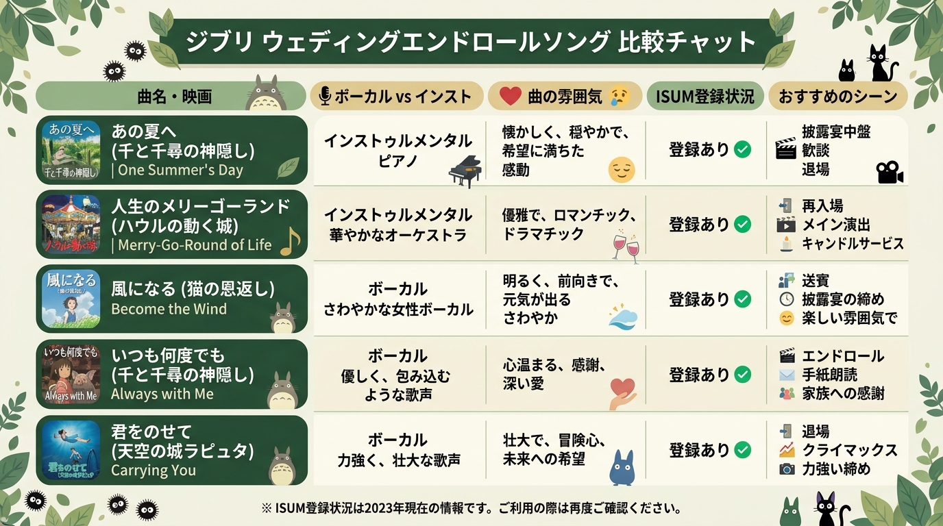 ジブリ結婚式エンドロールおすすめ人気曲・歌入りインスト・ISUM料金比較表