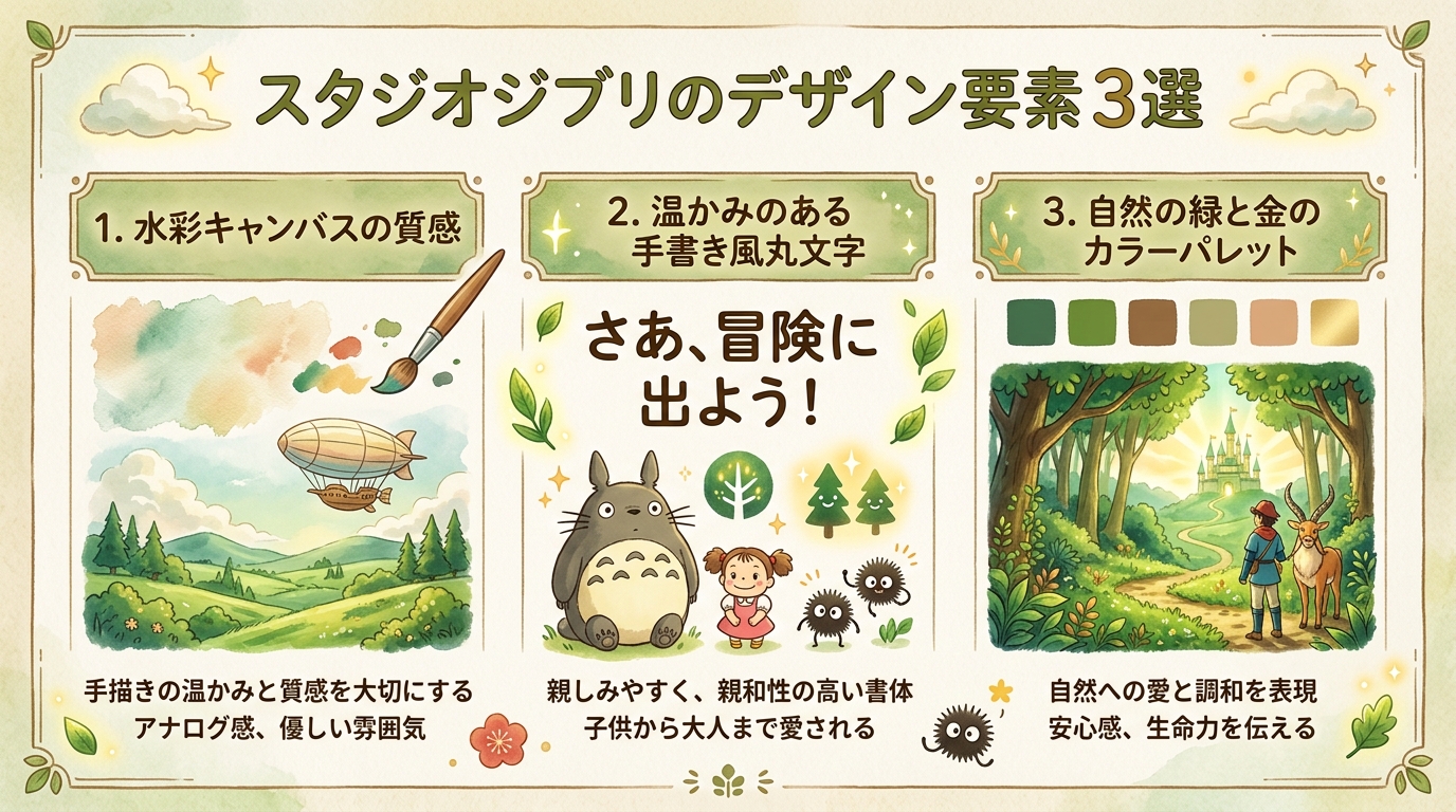 ジブリ風オープニングムービーの3大デザイン要素図解
