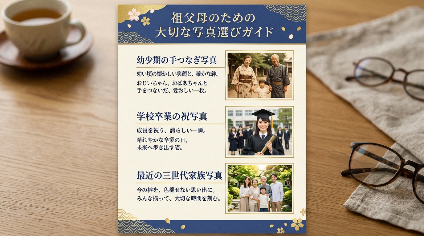 祖父母パートの写真選びと3世代ファミリーショット配置ガイド図解