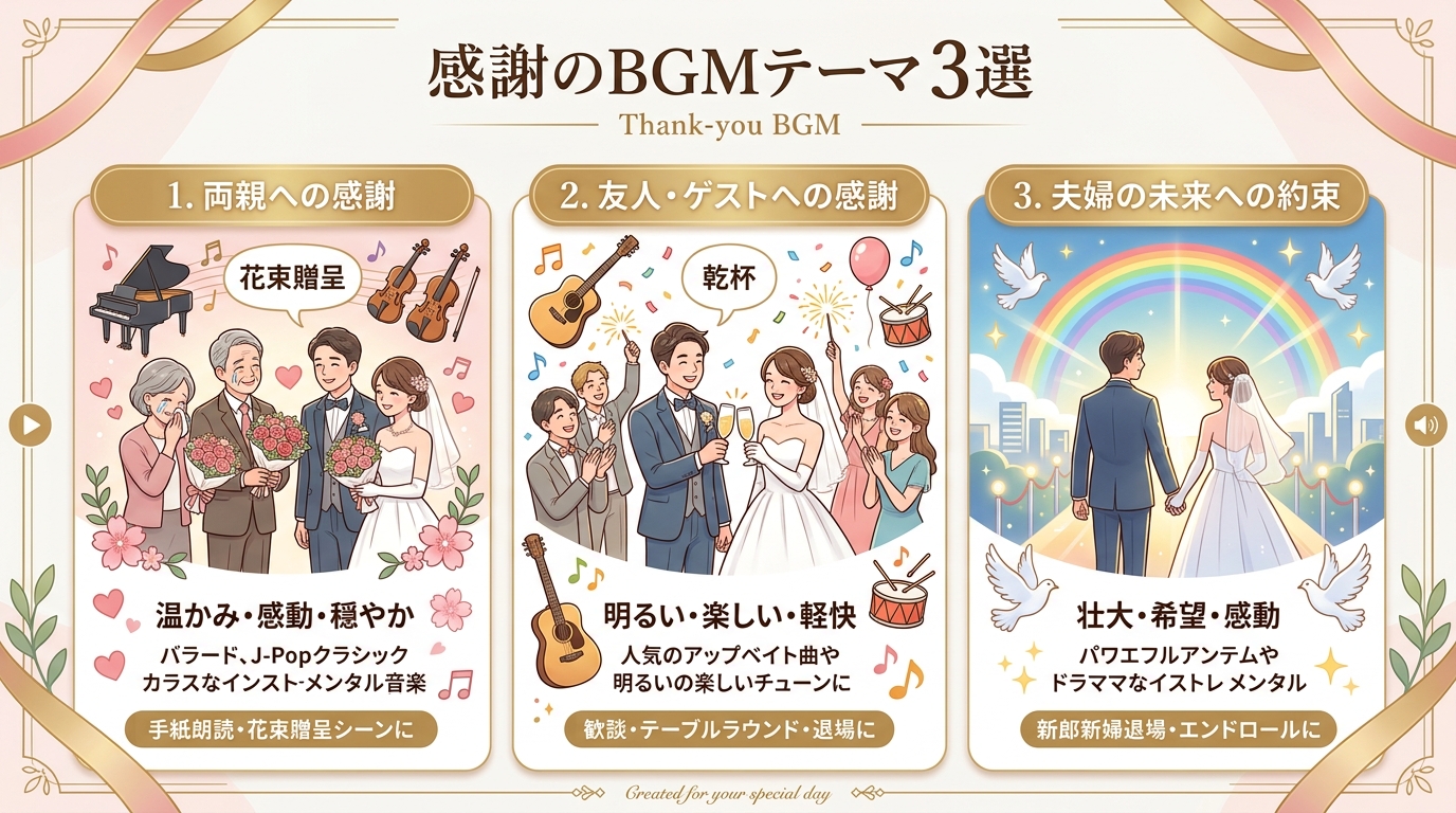 プロフィールムービーで感謝を伝えるBGMの3大テーマ図解
