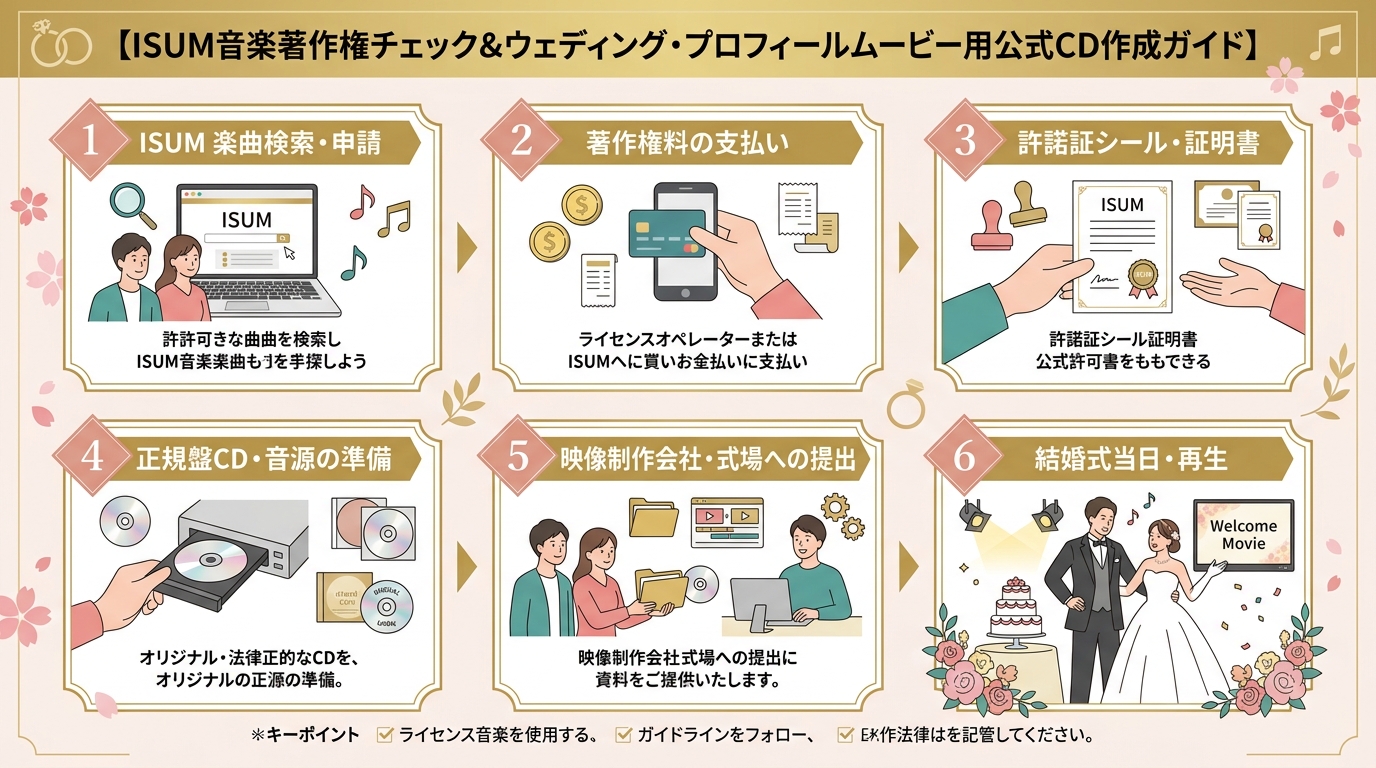プロフィールムービーBGMのISUM著作権申請と正規CD原盤確認図解