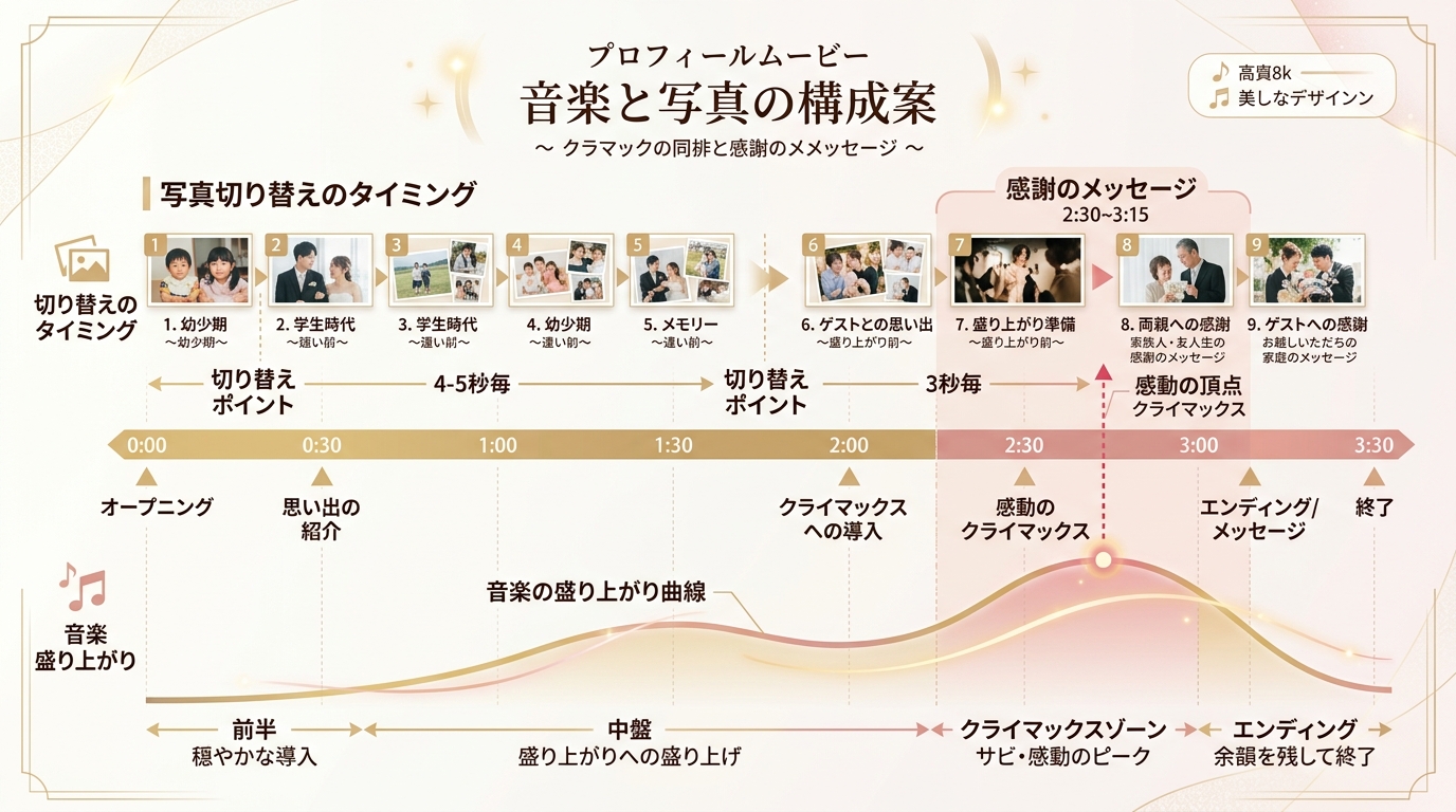 BGMの盛り上がりサビに感謝メッセージを合わせる音ハメ設計図解