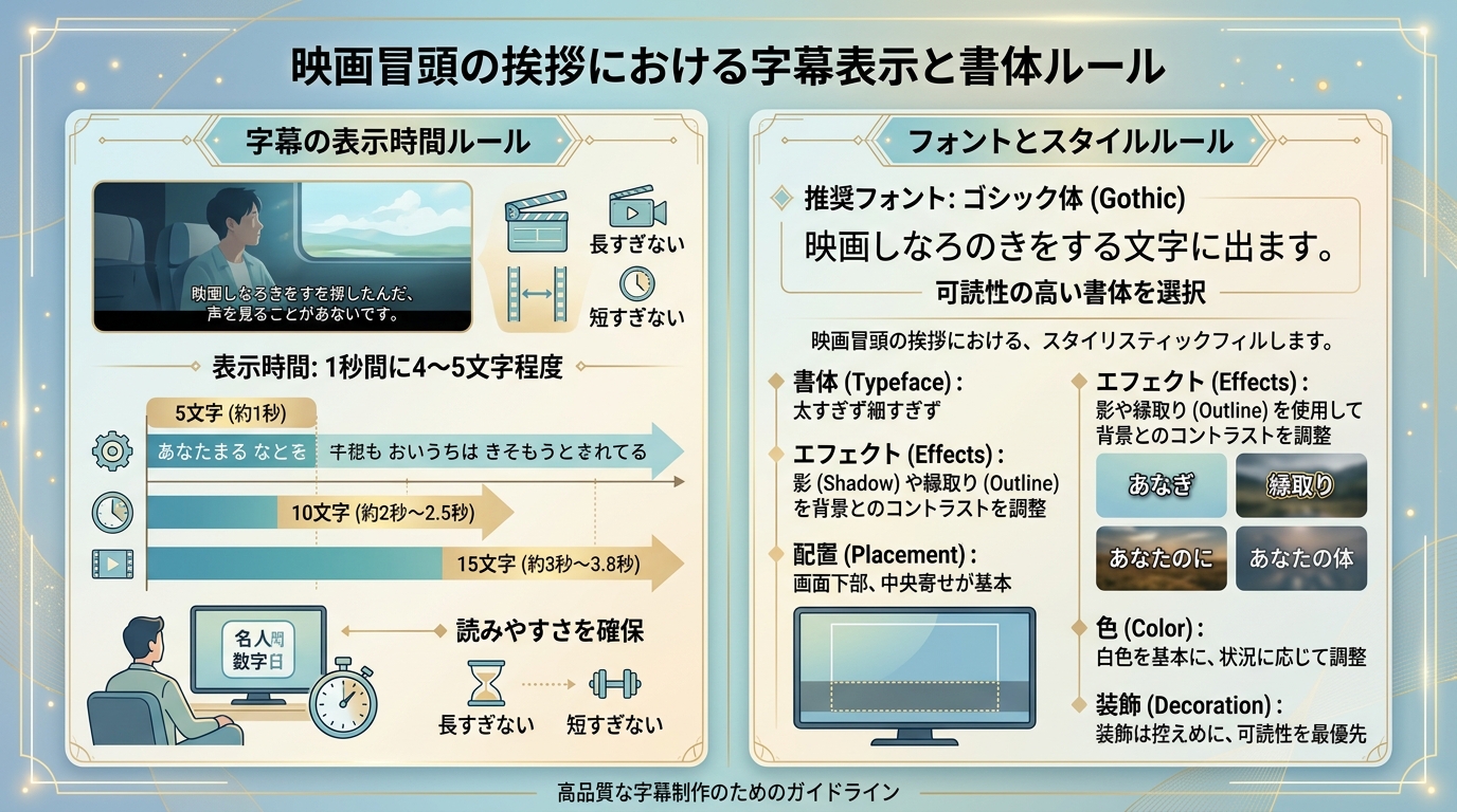 オープニング冒頭テロップの表示秒数・文字数・フォントルール図解