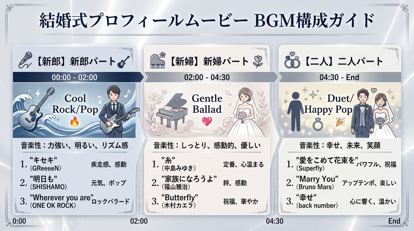 新郎パート・新婦パート・ふたりパートの3曲構成BGM切り替えとクロスフェード図解