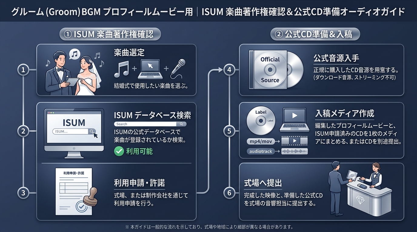 新郎パートBGMのISUM著作権許諾申請と市販CD用意ルール図解