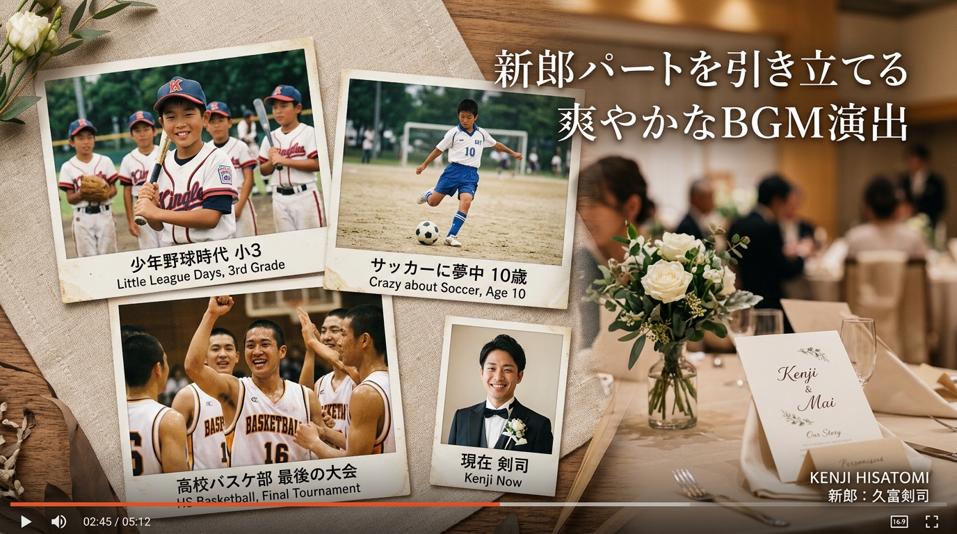 新郎パートBGMとともに流れる結婚式プロフィールムービーの上映画面スチル