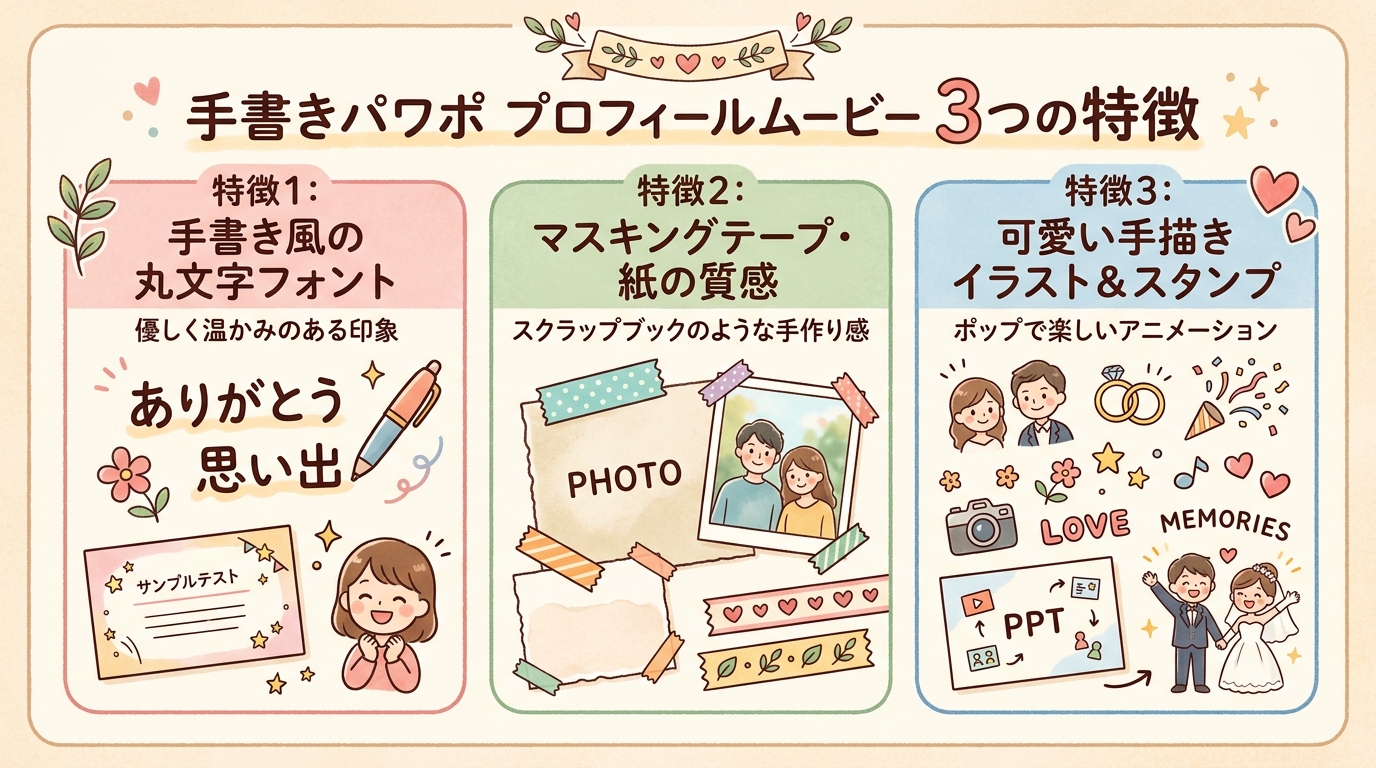 PowerPointで作る手書き風・スクラップブック風プロフィールムービーの3大特長図解
