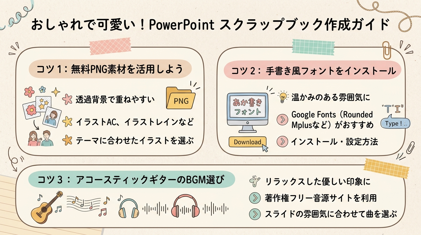 手書き風スクラップブック素材の無料入手先とアコースティックBGM選定図解