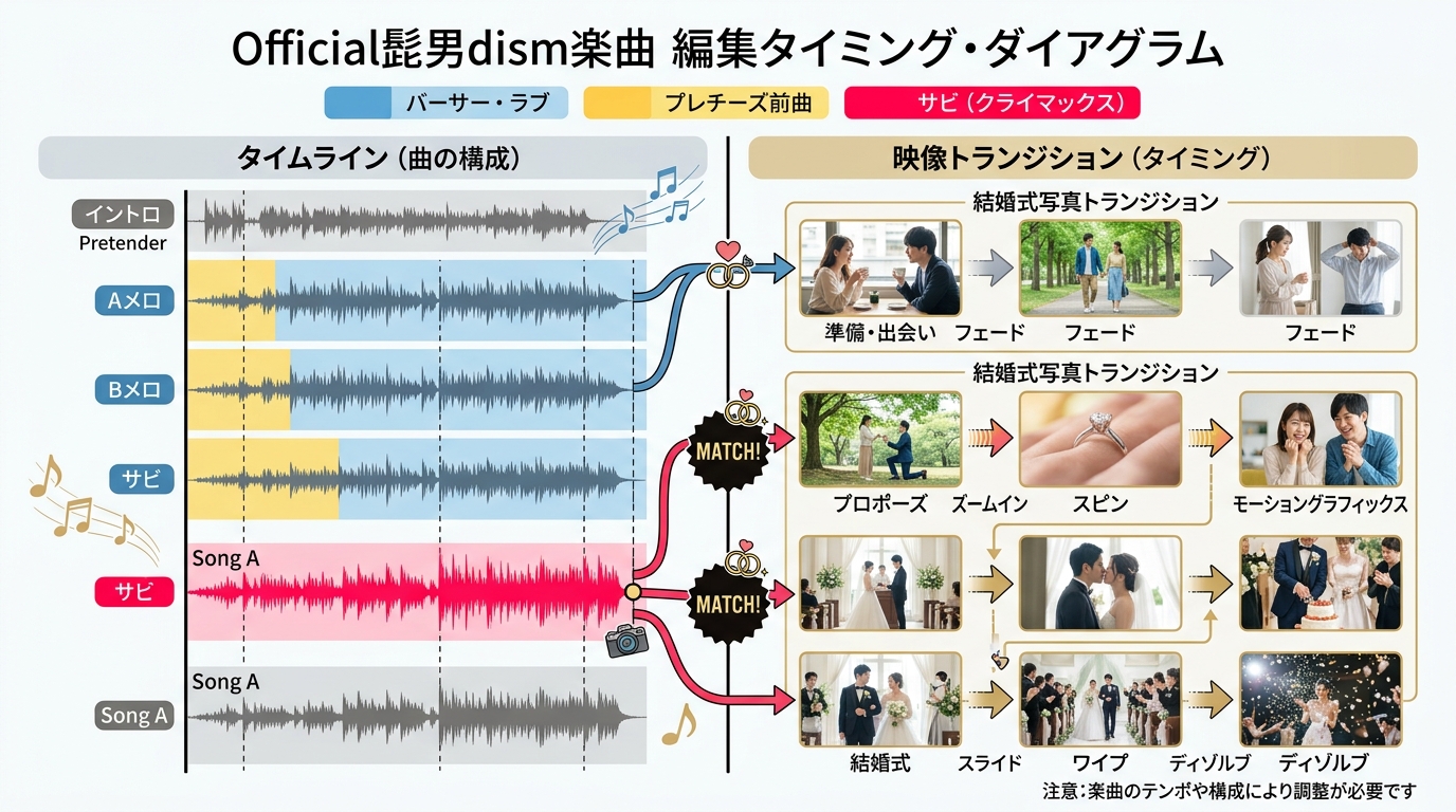 Official髭男dismの曲のサビと写真の切り替えタイミング編集図解