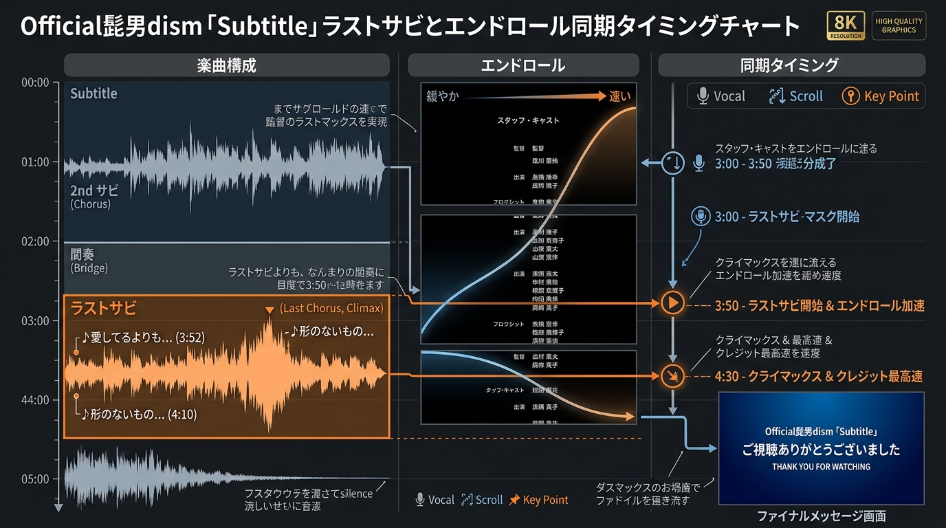 ヒゲダン楽曲のラスサビとエンドロールクレジットスクロール同調図解