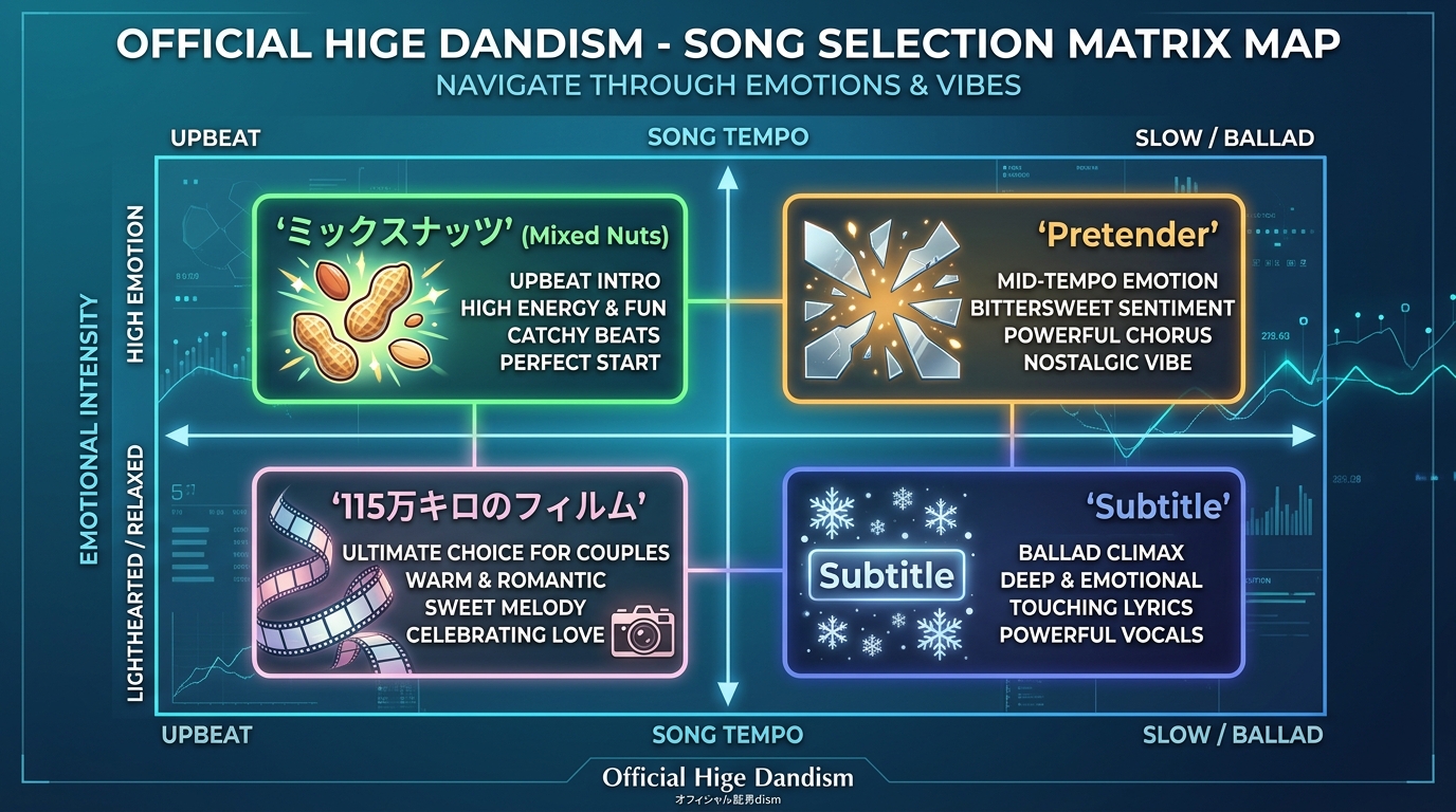 Official髭男dism人気曲のプロフィールムービー雰囲気別選曲マップ図解