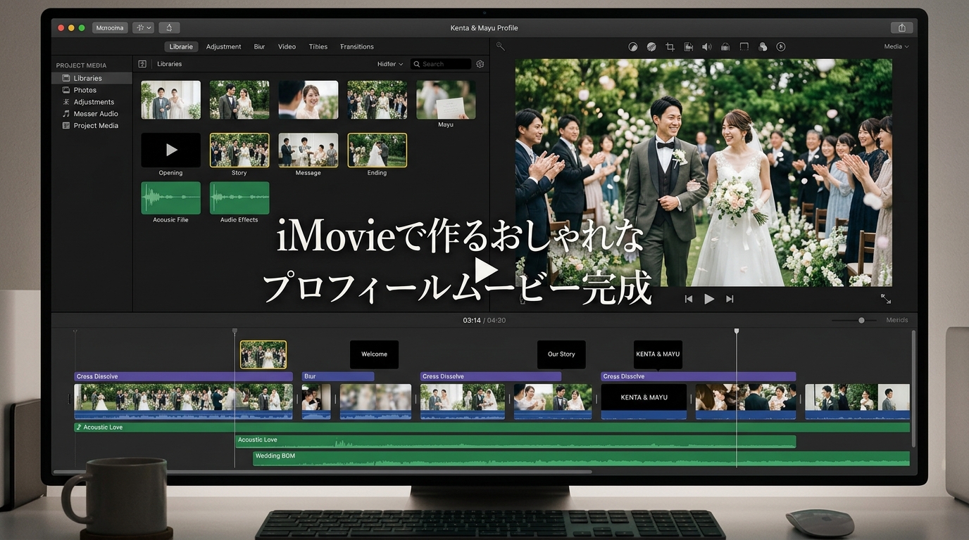 iMovieで制作された結婚式プロフィールムービーの上映画面スチル